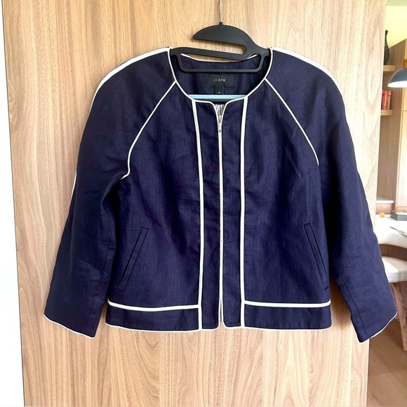 J. Crew Jackets & Blazers - J. Crew Blazer 100% Linen Blue Jacket Blazer Size 4Piping Crop Lined Zip Women